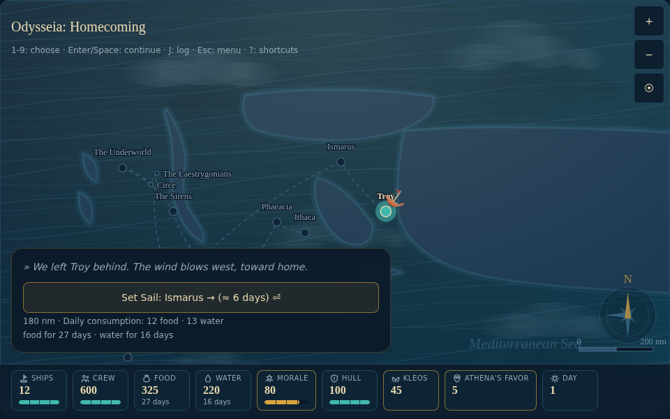 The Odyssey game map screen: the route from Troy to Ithaca, the fleet's position and the resource bar